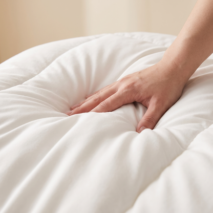 Hand pressing into the Meringue Comforter's plush CloudBake fill
