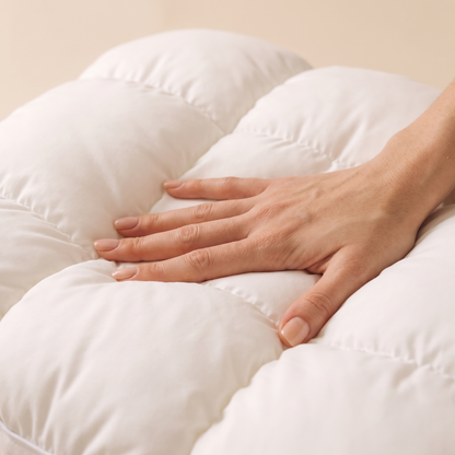 Hand pressing the puff-grid — softness detail