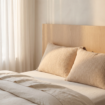 Muslin pillowcases dressed on the bed